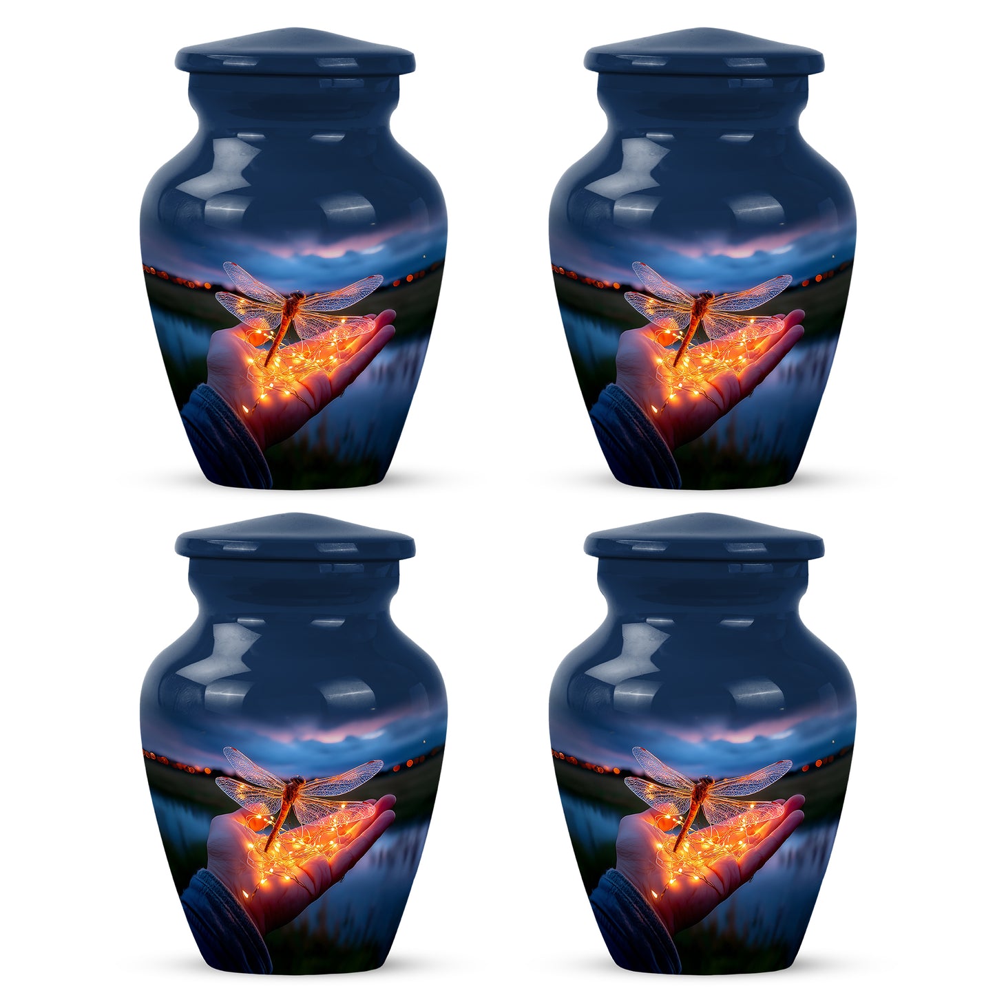 Soft Blue Dragonfly Cremation Urn side profile showing urn shape - traditional dragonfly engraving with hand-polished finish - 10 inch aluminum urn for cremated remains