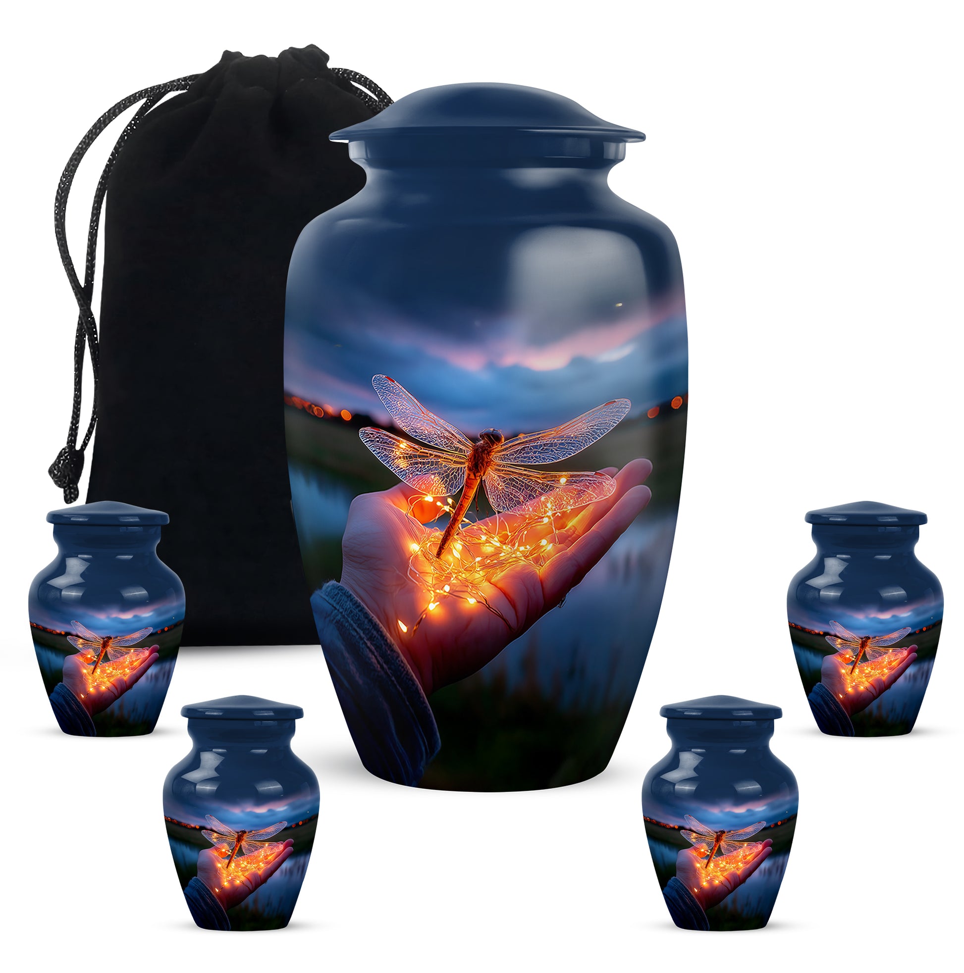 Cobalt Blue Dragonfly Cremation Urn top-down view of secure threaded lid - elegant classic dragonfly relief with fine detailing - memorial set with one large and four small urns
