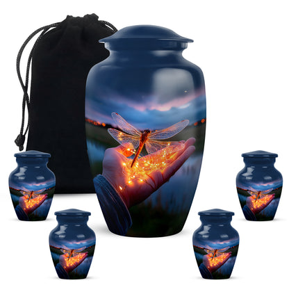 Cobalt Blue Dragonfly Cremation Urn top-down view of secure threaded lid - elegant classic dragonfly relief with fine detailing - memorial set with one large and four small urns