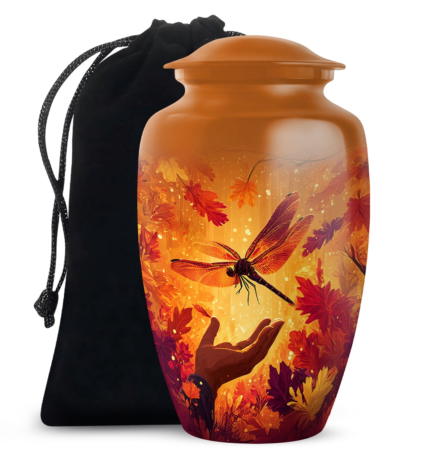 Harvest Gold Dragonfly Cremation Urn angled view of lid and engraved motif - traditional dragonfly engraving with hand-polished finish - full-size 10 inch 200 cubic inch adult cremation urn