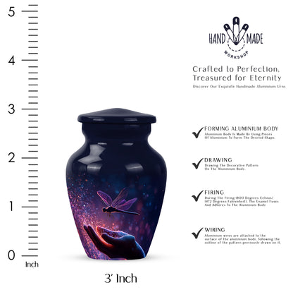 Cornflower Blue Dragonfly Cremation Urn close-up of engraving and surface detail - elegant classic dragonfly relief with fine detailing - mini keepsake memorial for portion of cremation ashes
