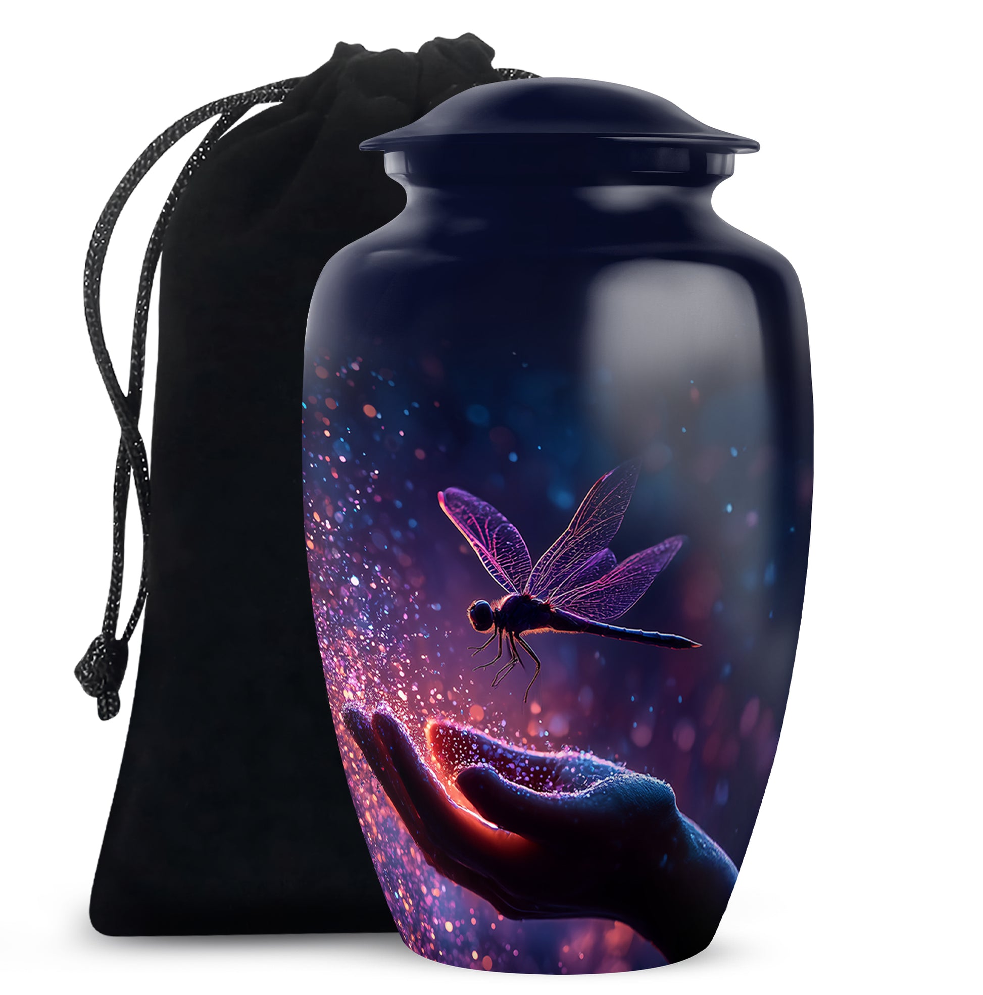 Misty Blue Dragonfly Cremation Urn angled view of lid and engraved motif - timeless dragonfly motif etched into premium metal - full-size 10 inch 200 cubic inch adult cremation urn
