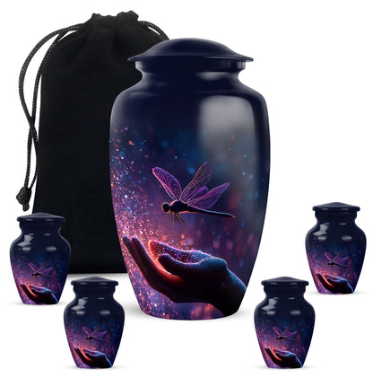 Vivid Blue Dragonfly Cremation Urn top-down view of secure threaded lid - traditional dragonfly engraving with hand-polished finish - memorial set with one large and four small urns