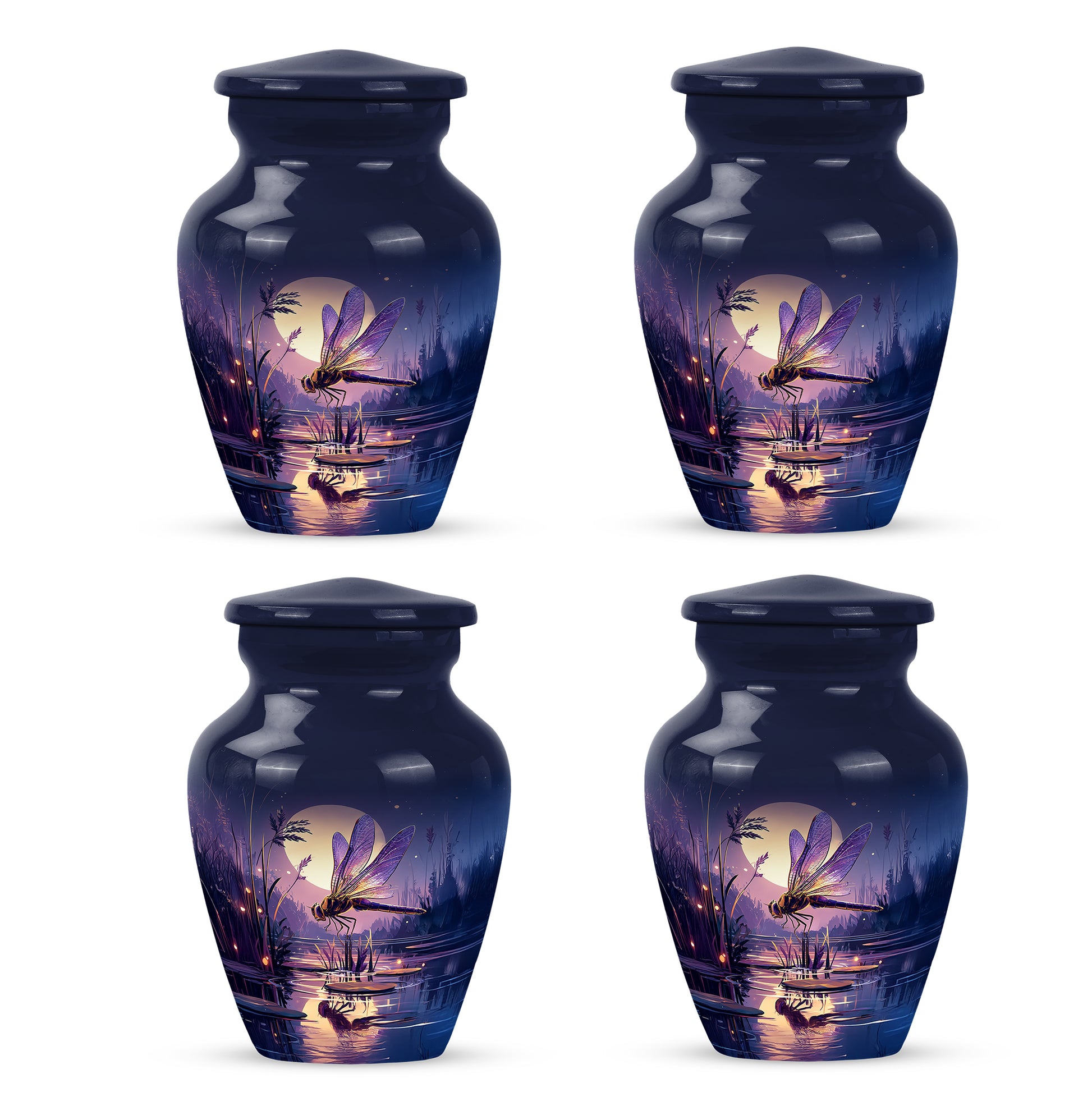 Icy Blue Dragonfly Cremation Urn side profile showing urn shape - timeless dragonfly motif etched into premium metal - 10 inch aluminum urn for cremated remains