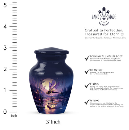Celestial Blue Dragonfly Cremation Urn close-up of engraving and surface detail - timeless dragonfly motif etched into premium metal - mini keepsake memorial for portion of cremation ashes