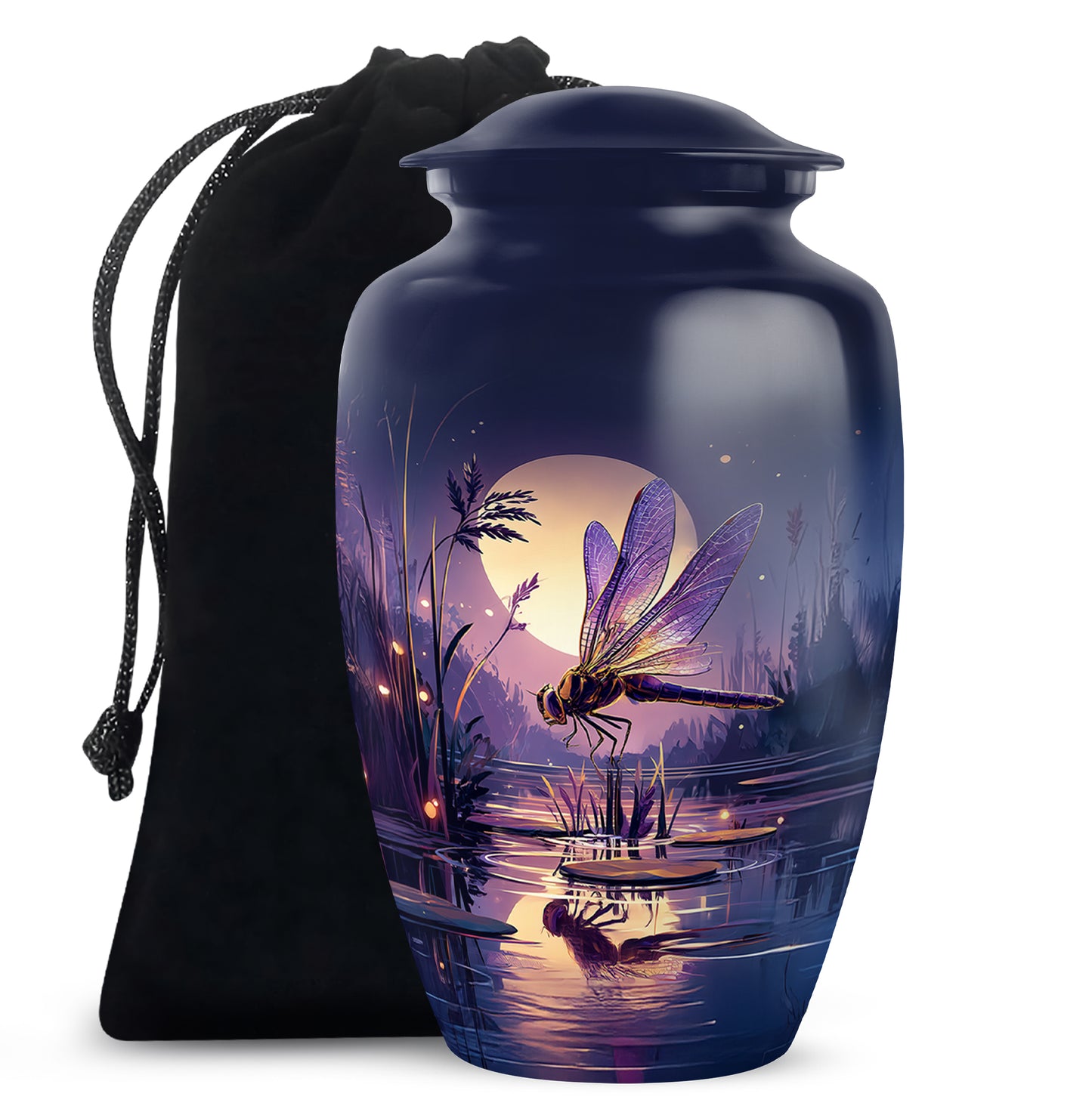 Twilight Blue Dragonfly Cremation Urn angled view of lid and engraved motif - elegant classic dragonfly relief with fine detailing - full-size 10 inch 200 cubic inch adult cremation urn