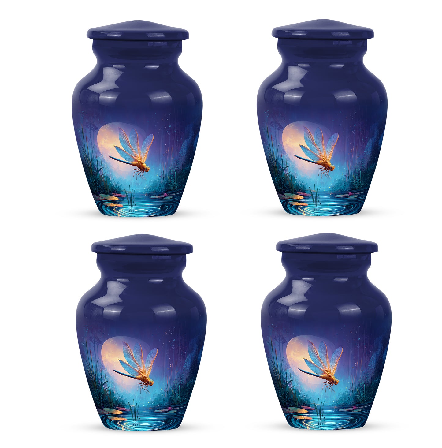 Indigo Dragonfly Cremation Urn side profile showing urn shape - timeless dragonfly motif etched into premium metal - 10 inch aluminum urn for cremated remains