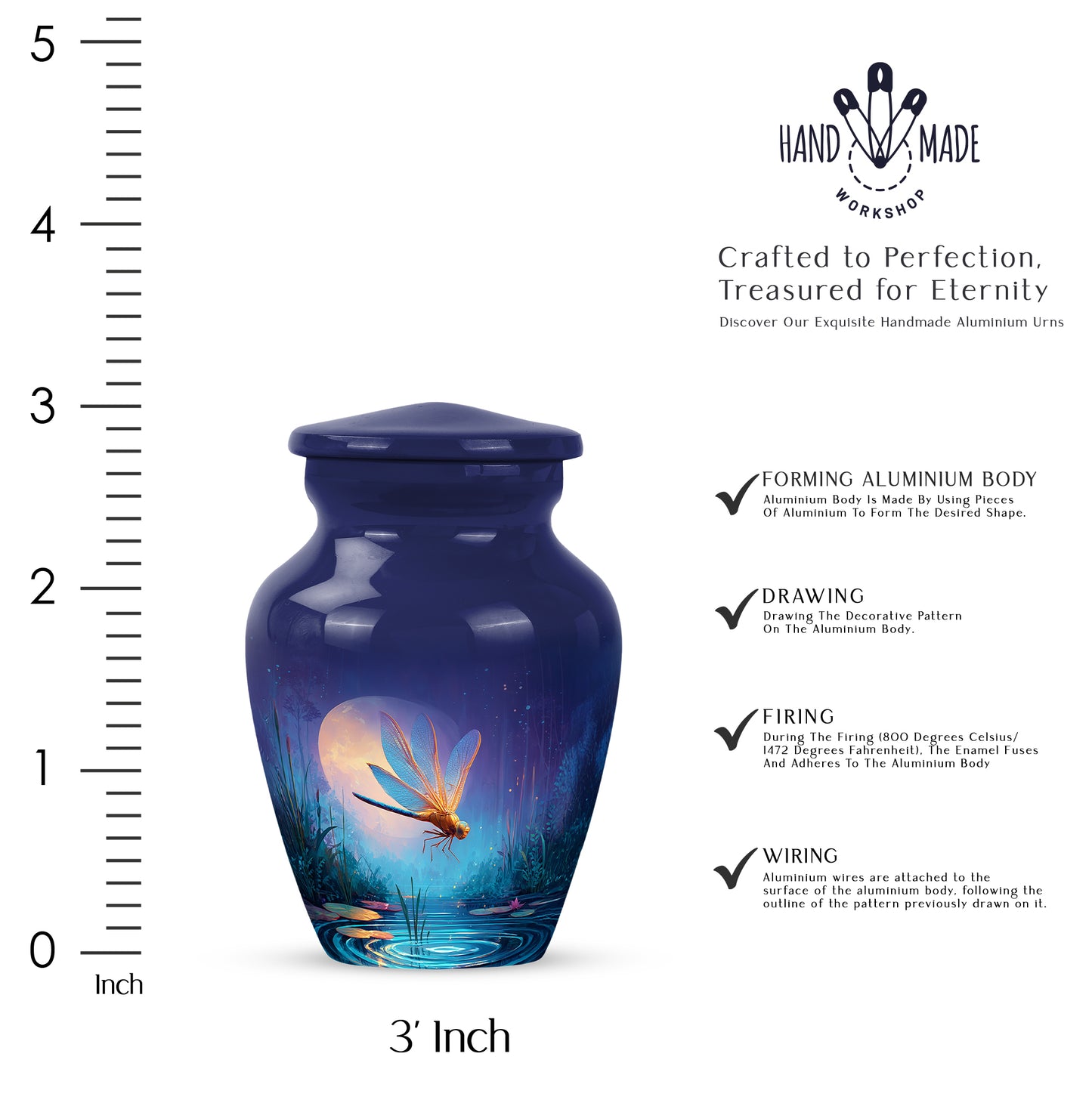 Misty Blue Dragonfly Cremation Urn close-up of engraving and surface detail - classic sculpted dragonfly pattern on smooth aluminum - mini keepsake memorial for portion of cremation ashes