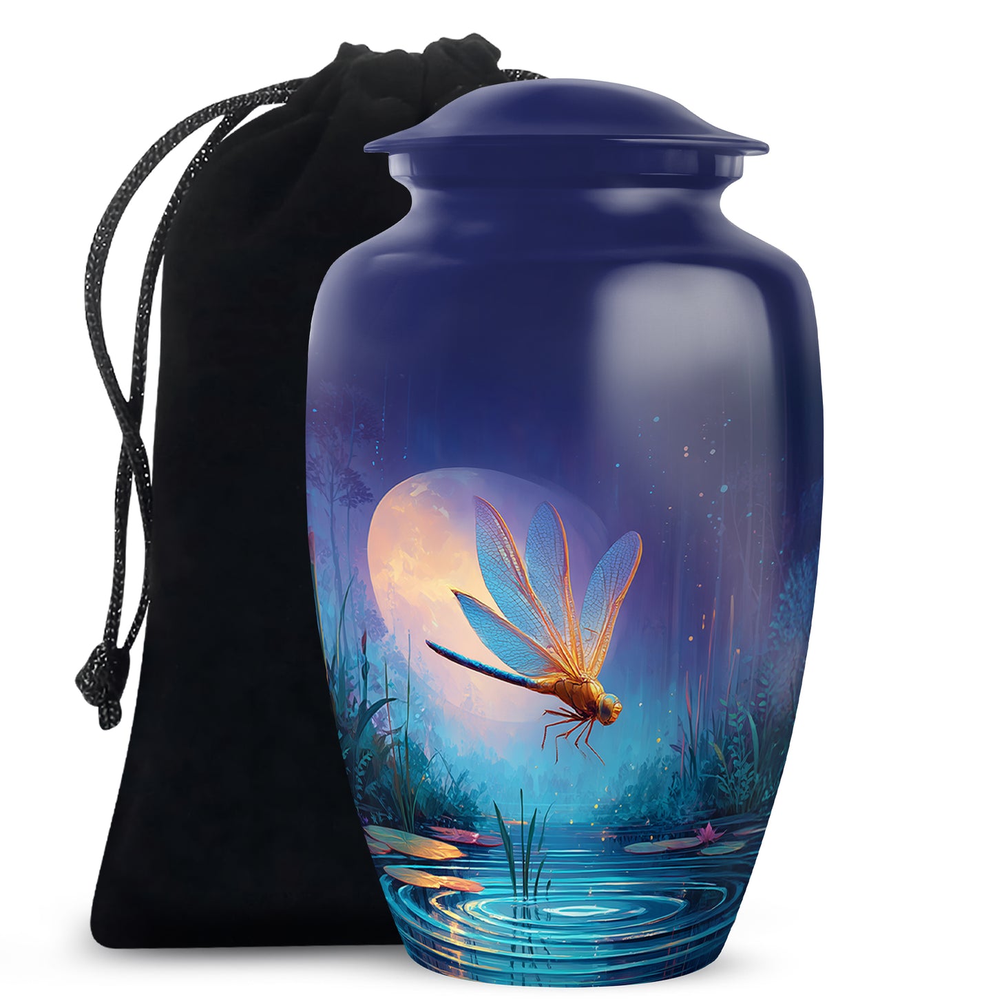 Sky Blue Dragonfly Cremation Urn angled view of lid and engraved motif - timeless dragonfly motif etched into premium metal - full-size 10 inch 200 cubic inch adult cremation urn