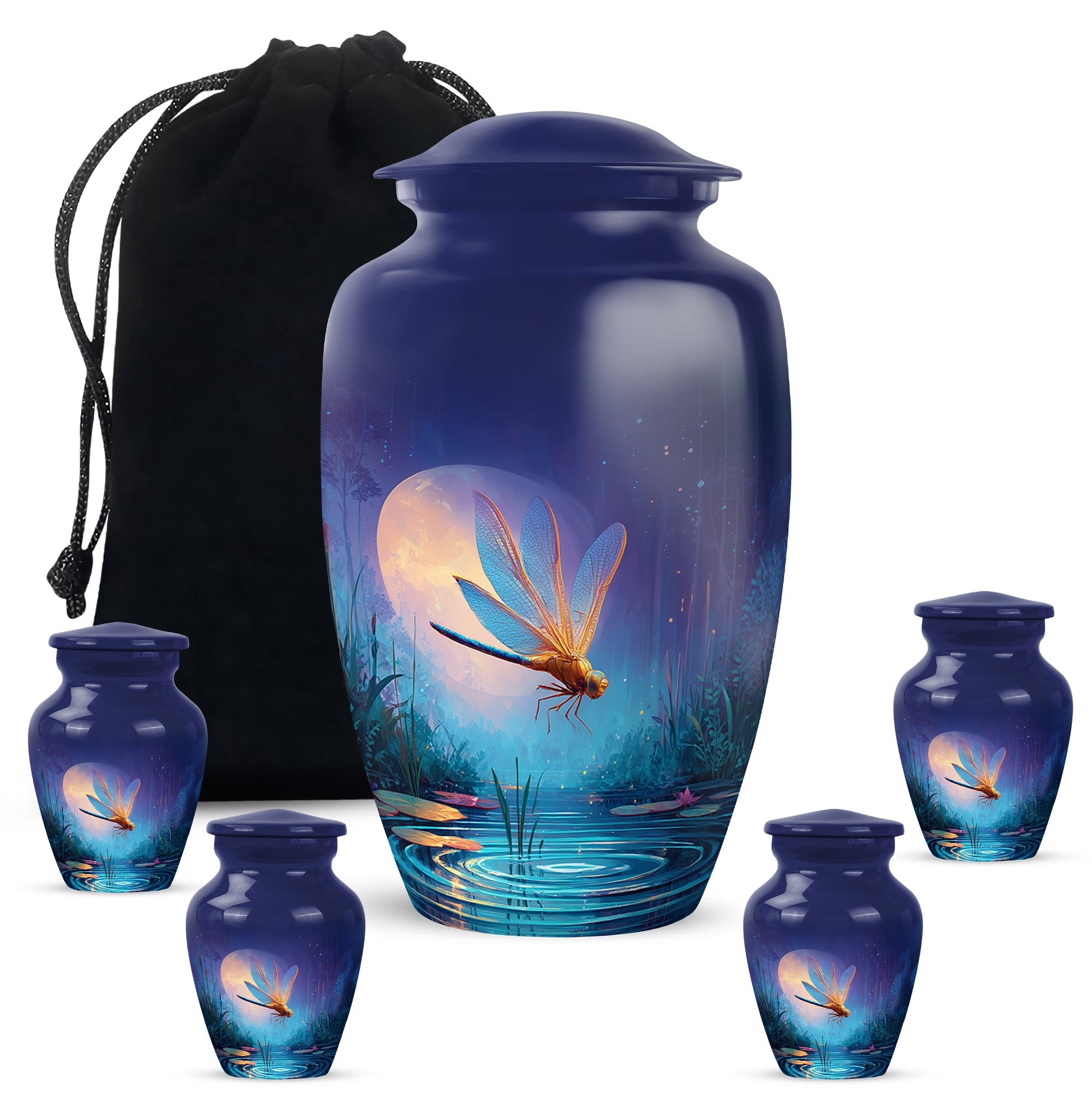 Pastel Blue Dragonfly Cremation Urn top-down view of secure threaded lid - classic sculpted dragonfly pattern on smooth aluminum - memorial set with one large and four small urns