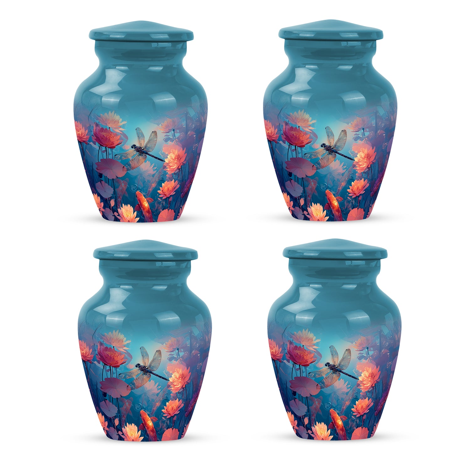 Sea Green Teal Dragonfly Cremation Urn side profile showing urn shape - classic sculpted dragonfly pattern on smooth aluminum - 10 inch aluminum urn for cremated remains