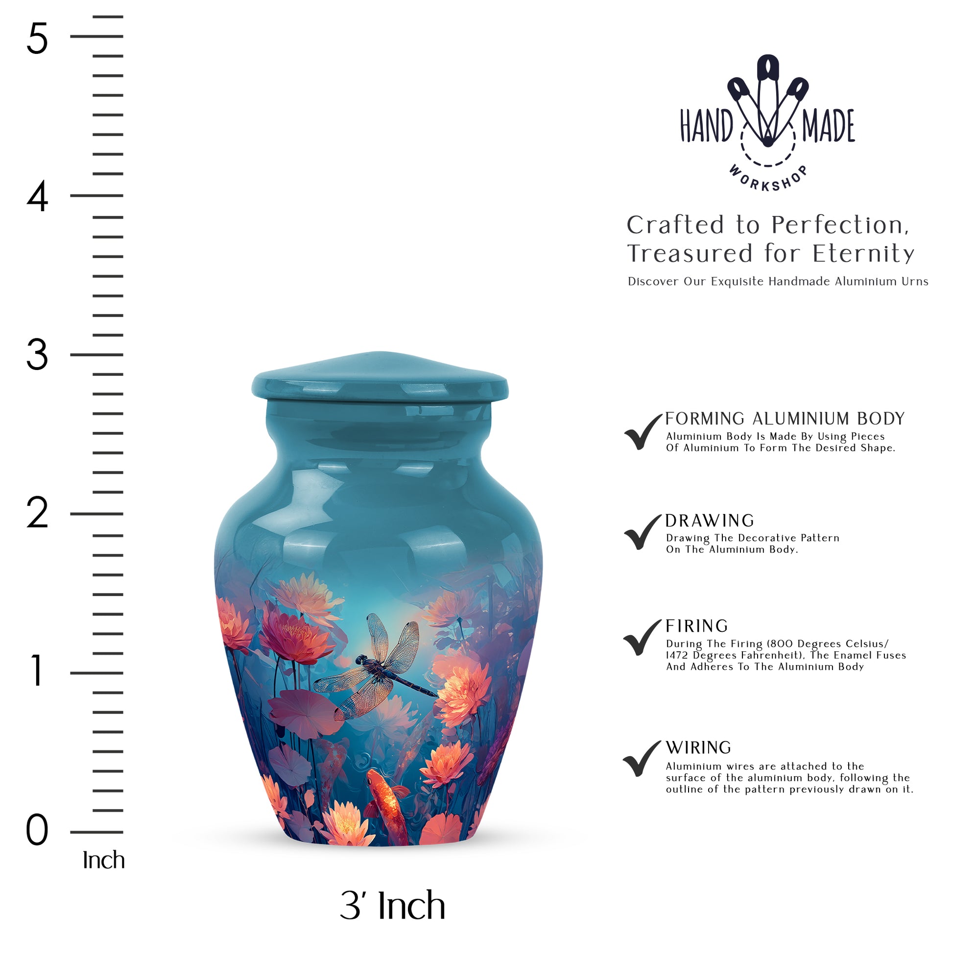 Tropical Teal Dragonfly Cremation Urn close-up of engraving and surface detail - elegant classic dragonfly relief with fine detailing - mini keepsake memorial for portion of cremation ashes