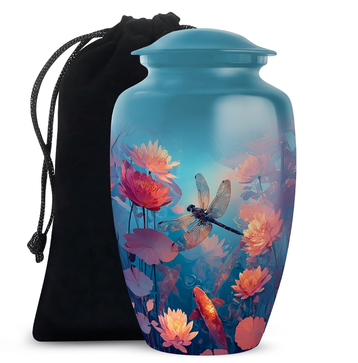 Cool Teal Dragonfly Cremation Urn angled view of lid and engraved motif - classic sculpted dragonfly pattern on smooth aluminum - full-size 10 inch 200 cubic inch adult cremation urn
