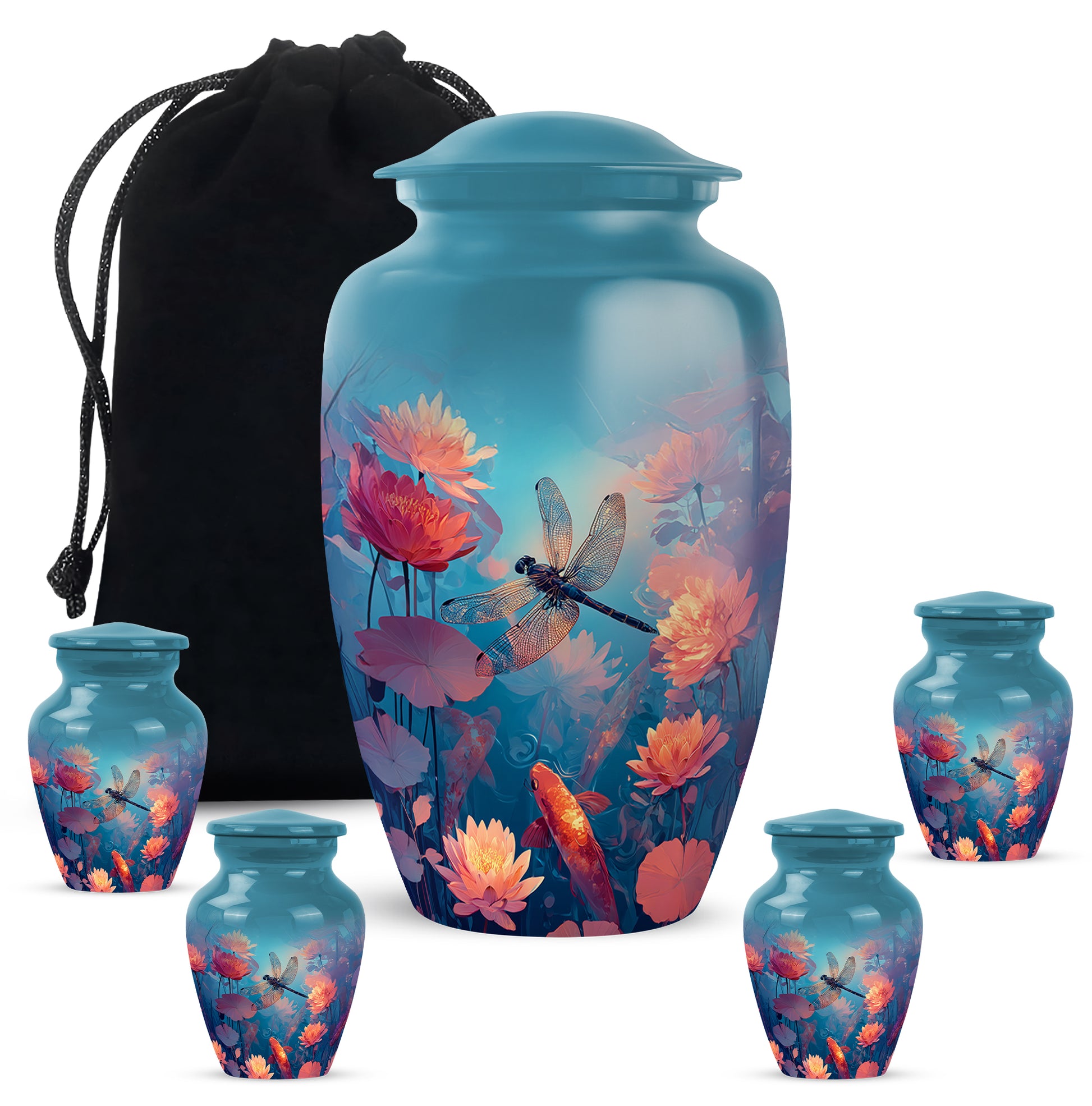 Tropical Teal Dragonfly Cremation Urn top-down view of secure threaded lid - elegant classic dragonfly relief with fine detailing - memorial set with one large and four small urns