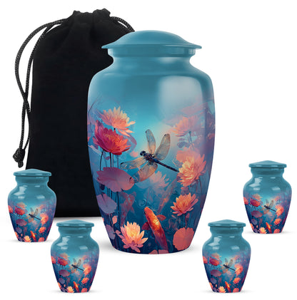 Tropical Teal Dragonfly Cremation Urn top-down view of secure threaded lid - elegant classic dragonfly relief with fine detailing - memorial set with one large and four small urns