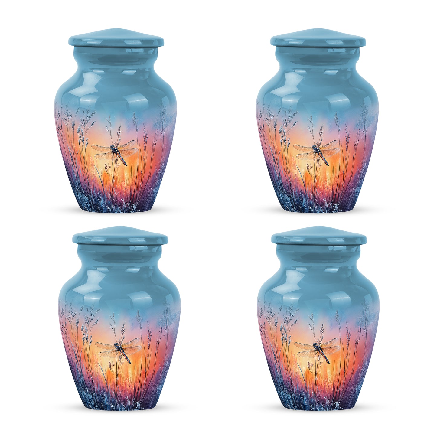 Cobalt Blue Dragonfly Cremation Urn side profile showing urn shape - elegant classic dragonfly relief with fine detailing - 10 inch aluminum urn for cremated remains