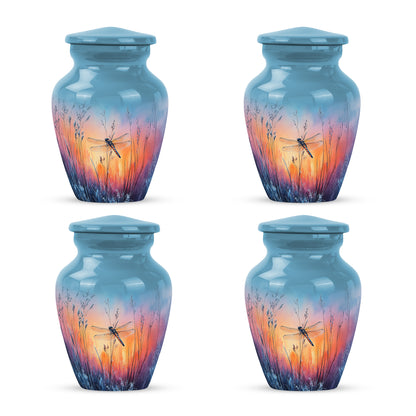 Cobalt Blue Dragonfly Cremation Urn side profile showing urn shape - elegant classic dragonfly relief with fine detailing - 10 inch aluminum urn for cremated remains