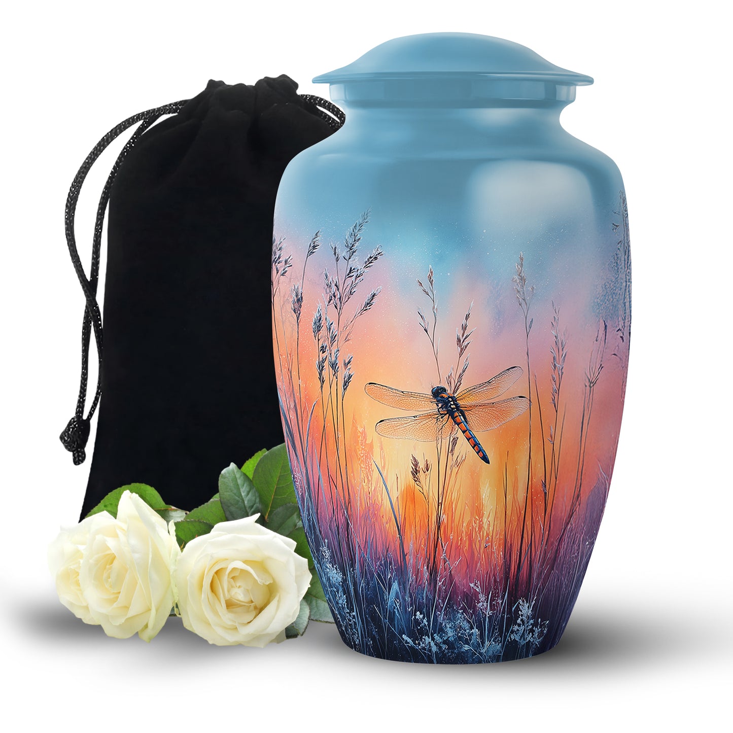 Cornflower Blue Dragonfly Cremation Urn angled view of lid and engraved motif - elegant classic dragonfly relief with fine detailing - full-size 10 inch 200 cubic inch adult cremation urn