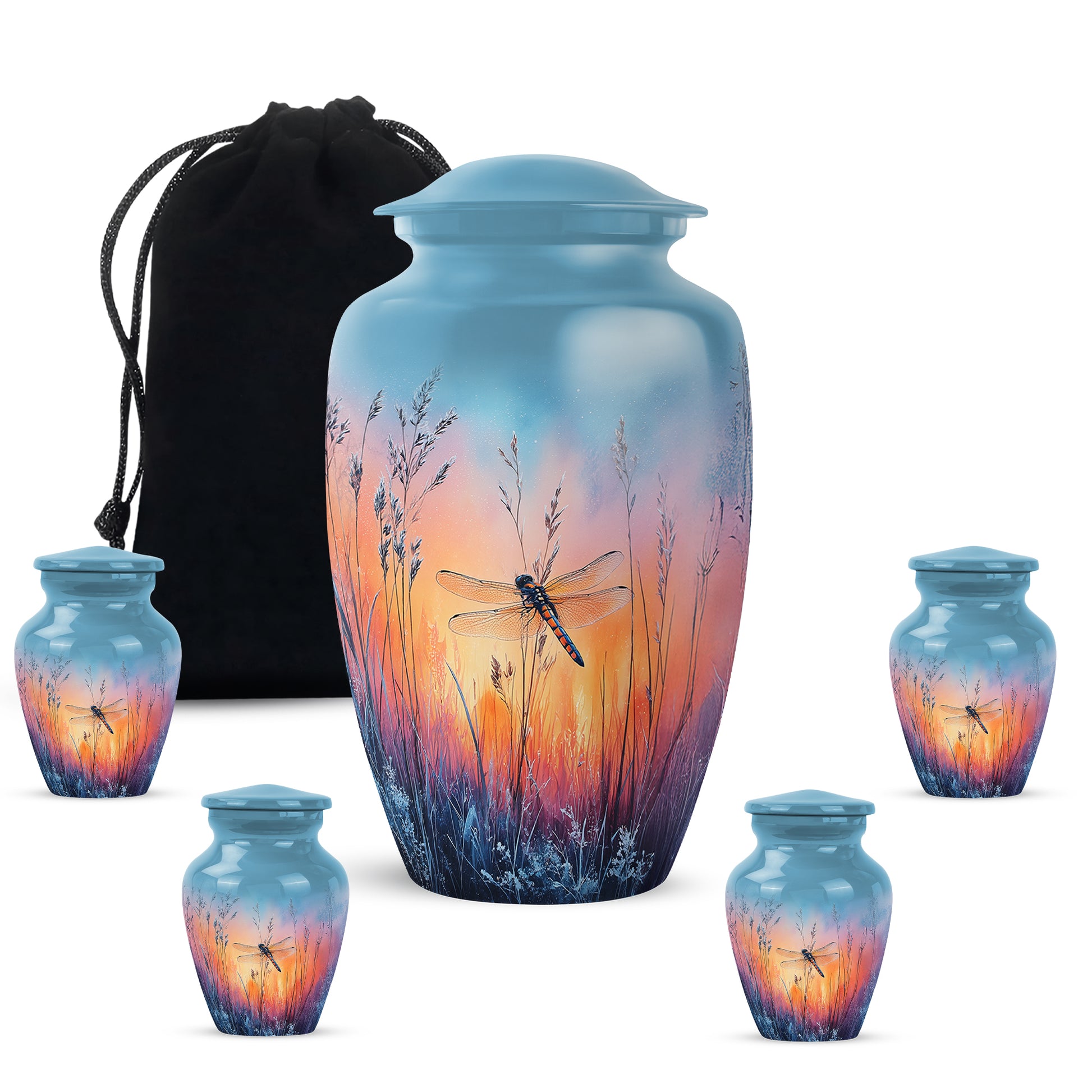 Indigo Dragonfly Cremation Urn top-down view of secure threaded lid - timeless dragonfly motif etched into premium metal - memorial set with one large and four small urns