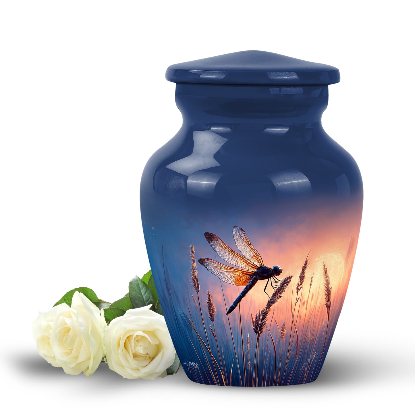 Blue Dragonfly Reflection Cremation Urns for Human Ashes - 10-inch, 200 cu in - Yatskia