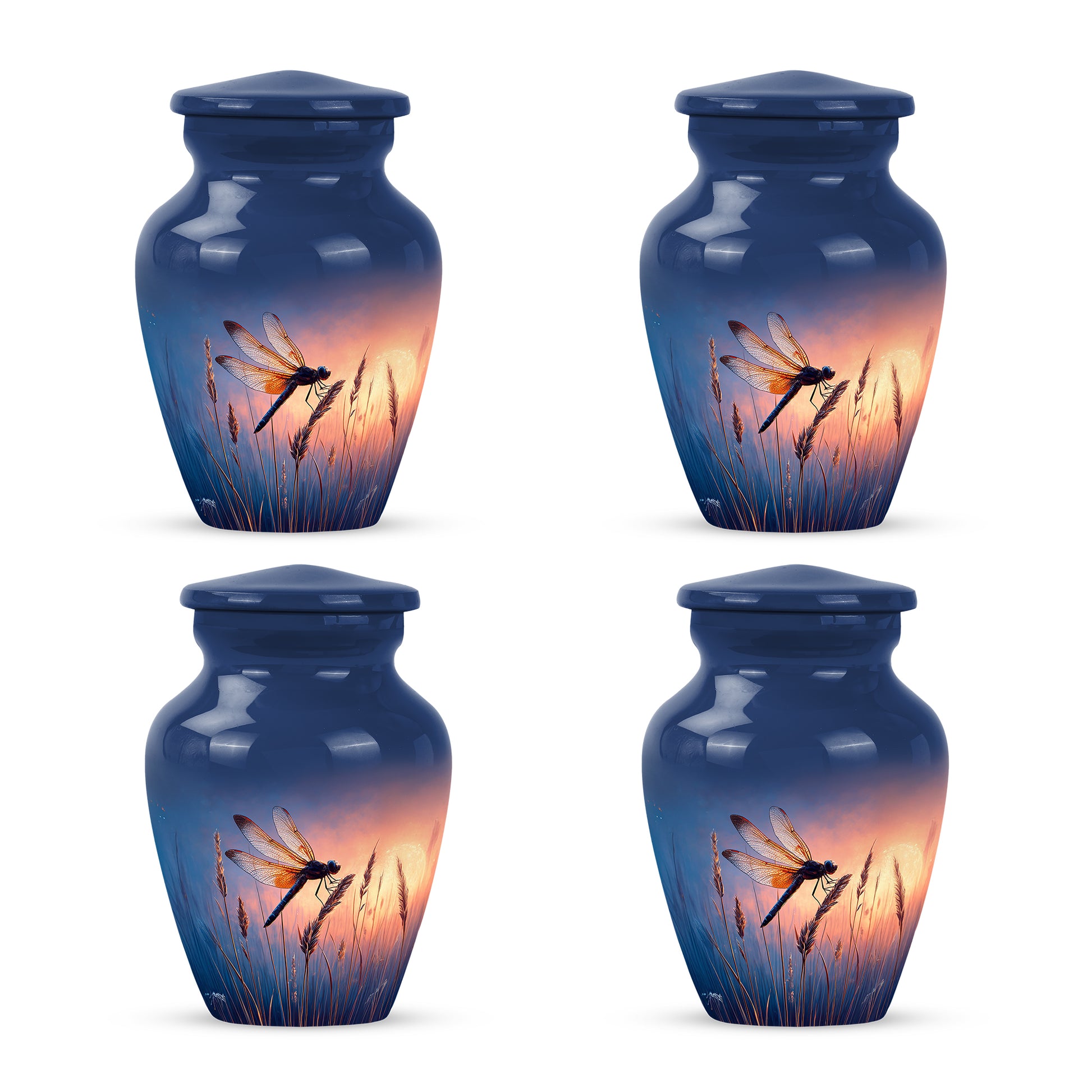 Bright Blue Dragonfly Cremation Urn side profile showing urn shape - traditional dragonfly engraving with hand-polished finish - 10 inch aluminum urn for cremated remains