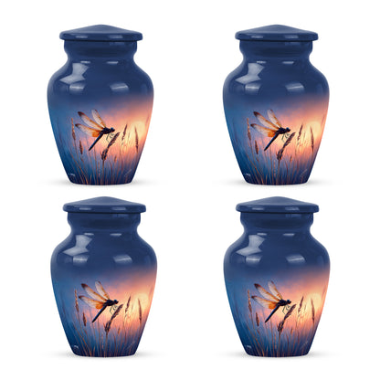 Bright Blue Dragonfly Cremation Urn side profile showing urn shape - traditional dragonfly engraving with hand-polished finish - 10 inch aluminum urn for cremated remains