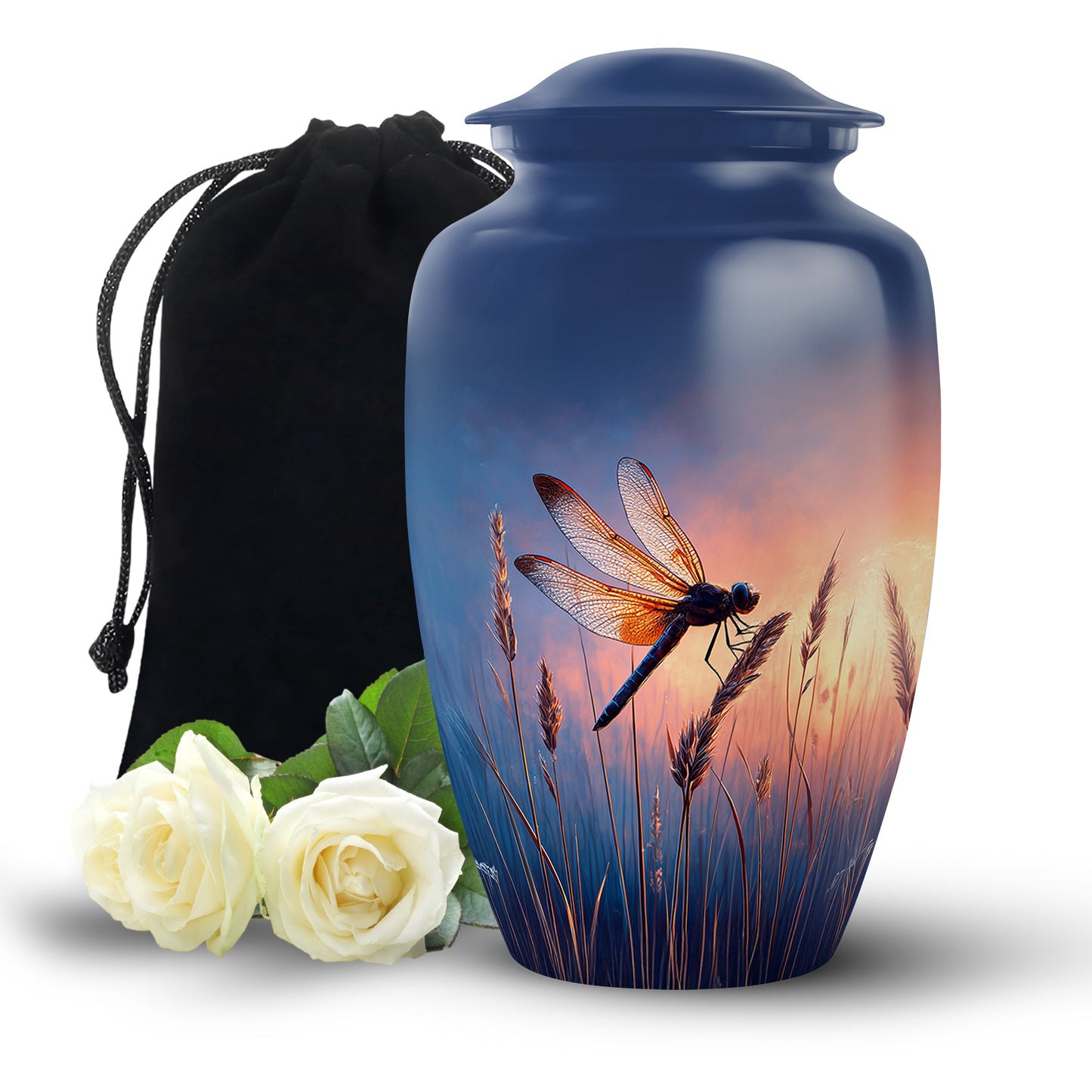Sky Blue Dragonfly Cremation Urn angled view of lid and engraved motif - timeless dragonfly motif etched into premium metal - full-size 10 inch 200 cubic inch adult cremation urn