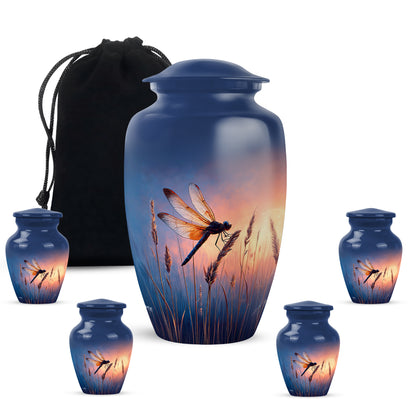 Bright Blue Dragonfly Cremation Urn top-down view of secure threaded lid - traditional dragonfly engraving with hand-polished finish - memorial set with one large and four small urns