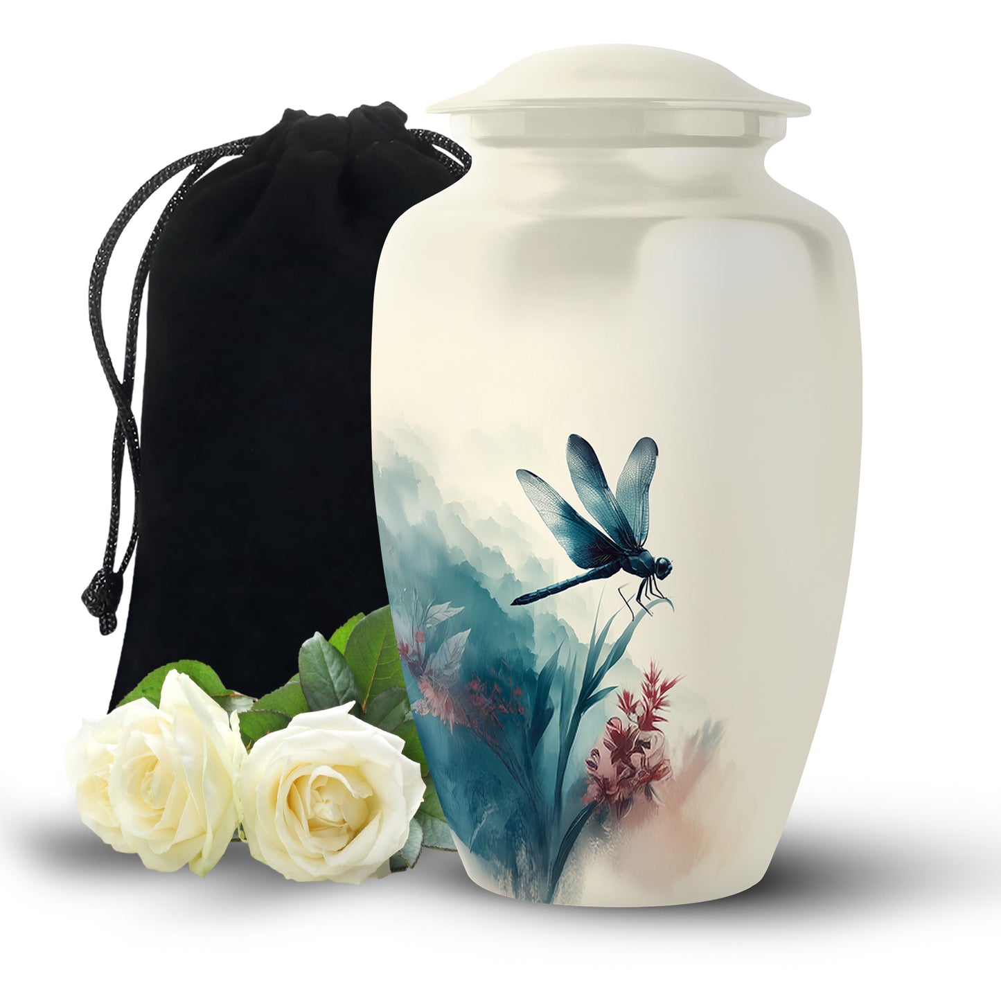 Ivory White Dragonfly Cremation Urn angled view of lid and engraved motif - timeless dragonfly motif etched into premium metal - full-size 10 inch 200 cubic inch adult cremation urn