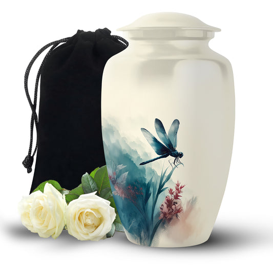 Ivory White Dragonfly Cremation Urn angled view of lid and engraved motif - timeless dragonfly motif etched into premium metal - full-size 10 inch 200 cubic inch adult cremation urn