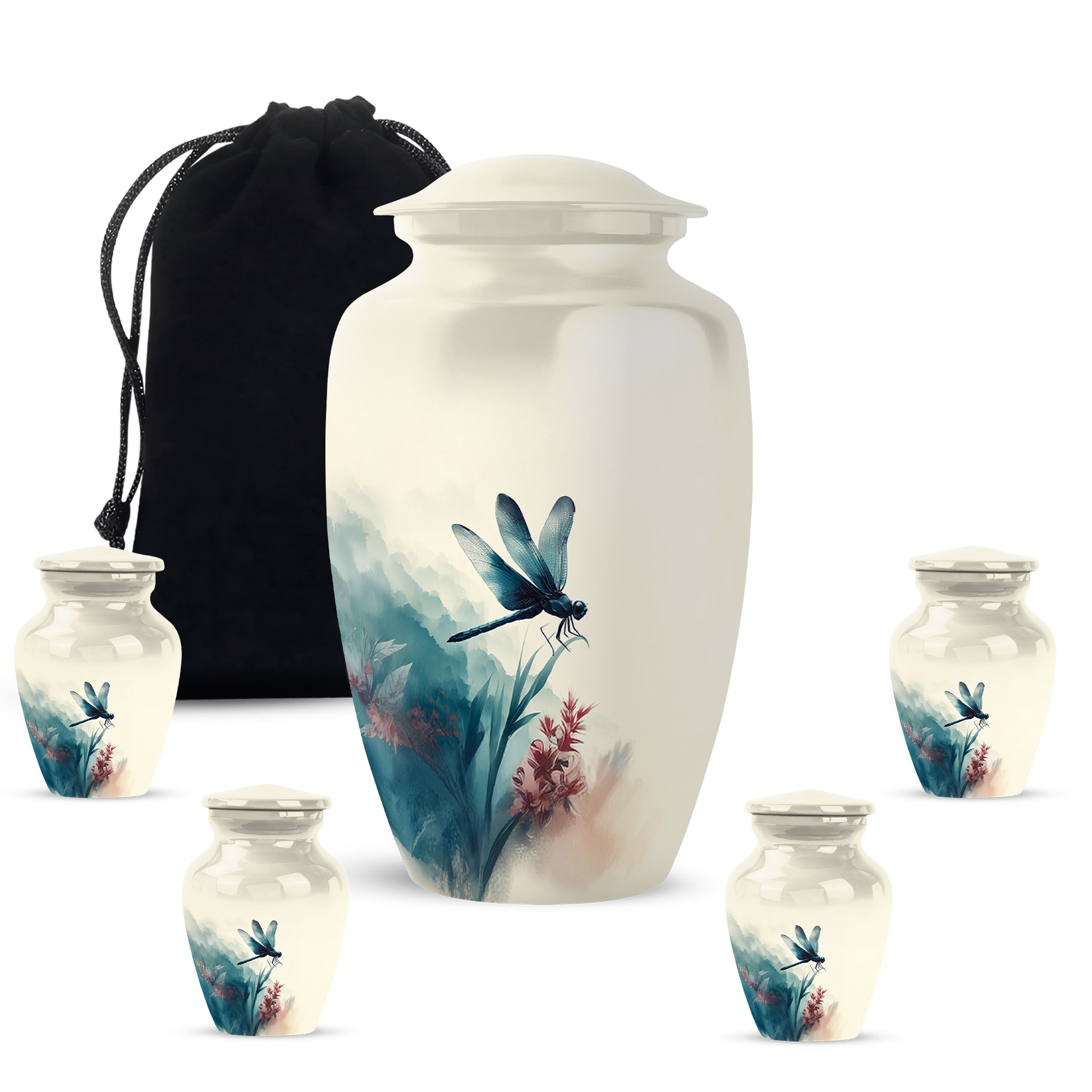 Pearl White Dragonfly Cremation Urn top-down view of secure threaded lid - elegant classic dragonfly relief with fine detailing - memorial set with one large and four small urns