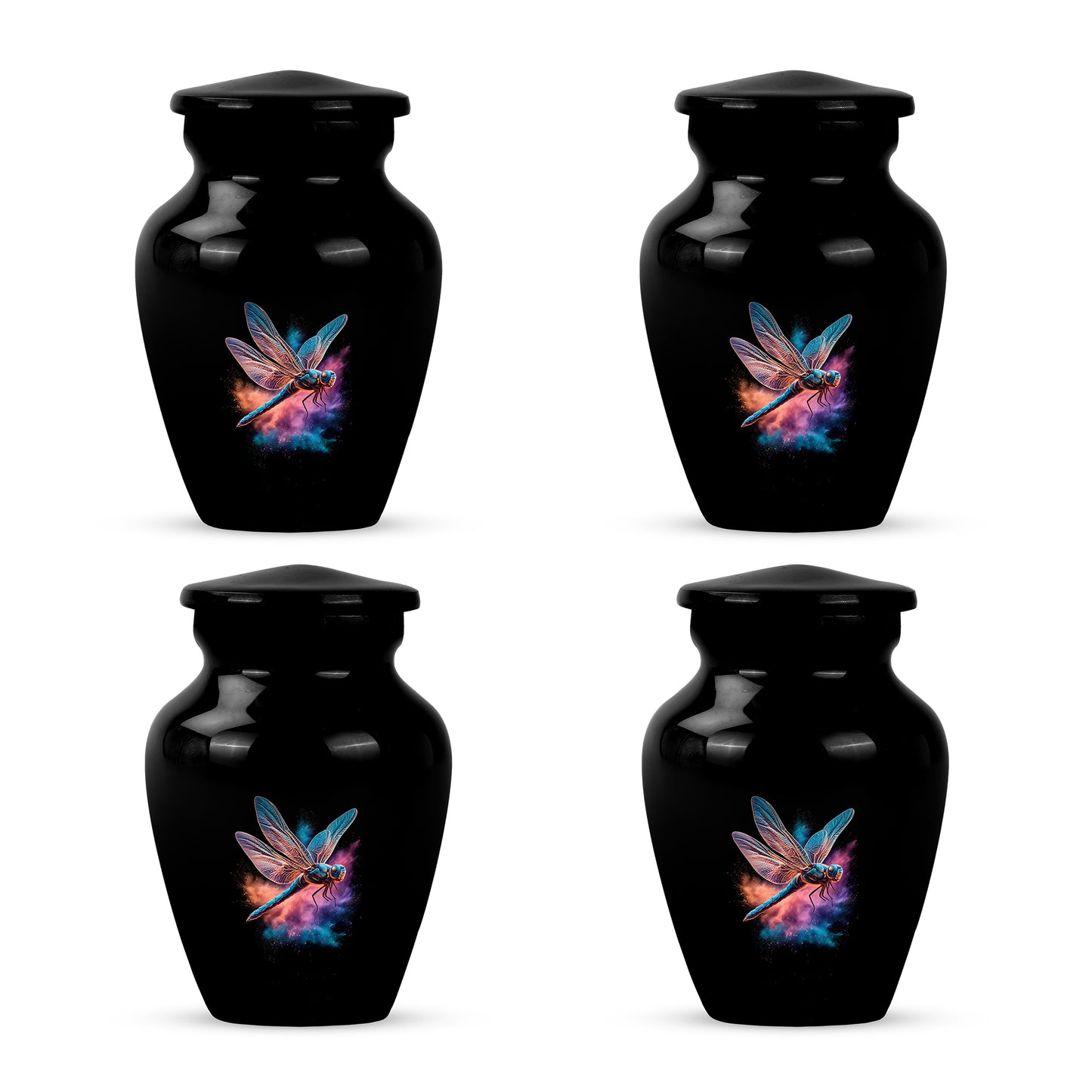 Obsidian Black Dragonfly Cremation Urn side profile showing urn shape - traditional dragonfly engraving with hand-polished finish - 10 inch aluminum urn for cremated remains