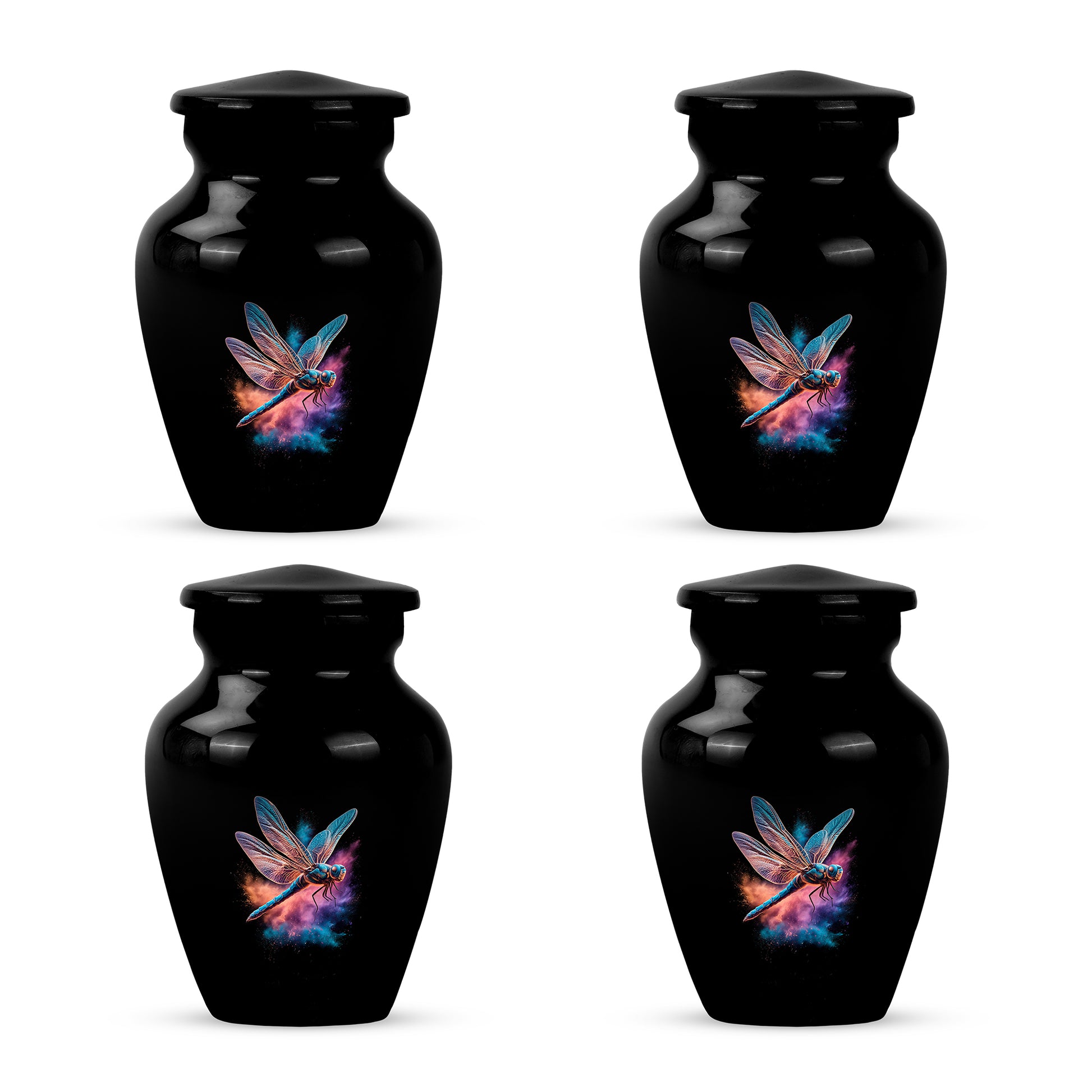 Obsidian Black Dragonfly Cremation Urn side profile showing urn shape - traditional dragonfly engraving with hand-polished finish - 10 inch aluminum urn for cremated remains