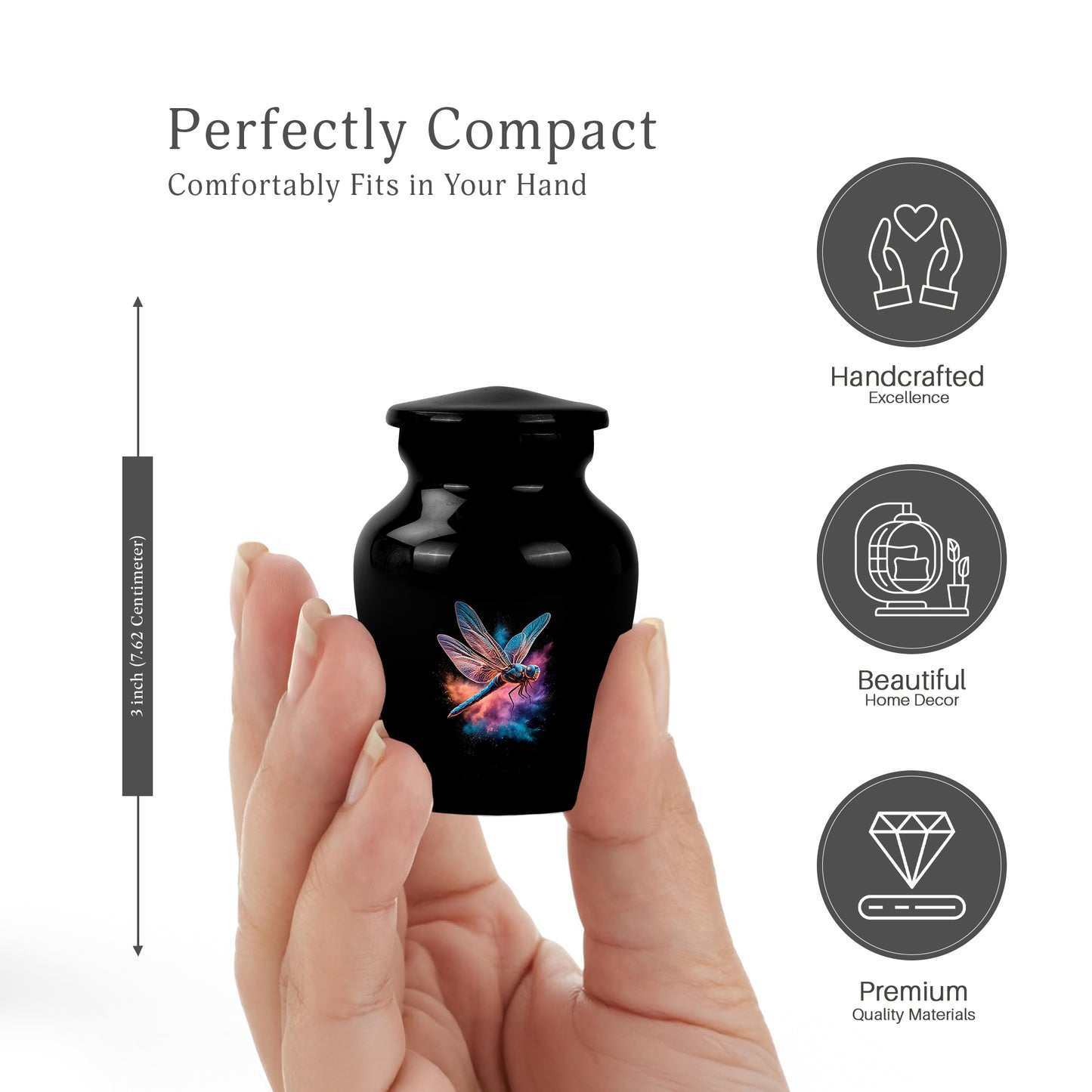 Deep Black Dragonfly Cremation Urn close-up of engraving and surface detail - timeless dragonfly motif etched into premium metal - mini keepsake memorial for portion of cremation ashes