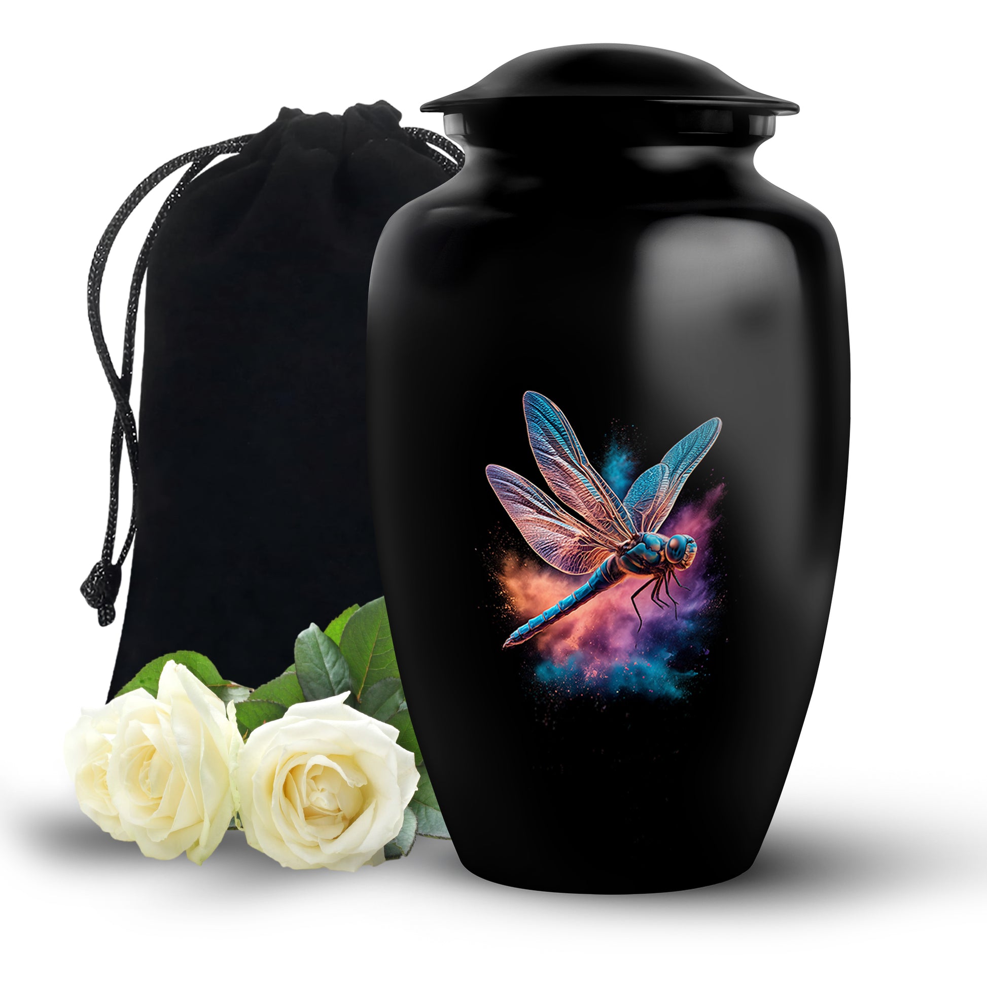 Glossy Black Dragonfly Cremation Urn angled view of lid and engraved motif - timeless dragonfly motif etched into premium metal - full-size 10 inch 200 cubic inch adult cremation urn