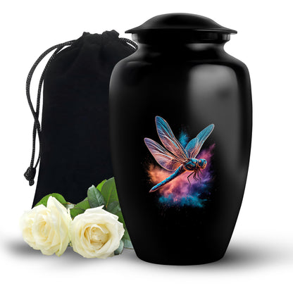 Glossy Black Dragonfly Cremation Urn angled view of lid and engraved motif - timeless dragonfly motif etched into premium metal - full-size 10 inch 200 cubic inch adult cremation urn
