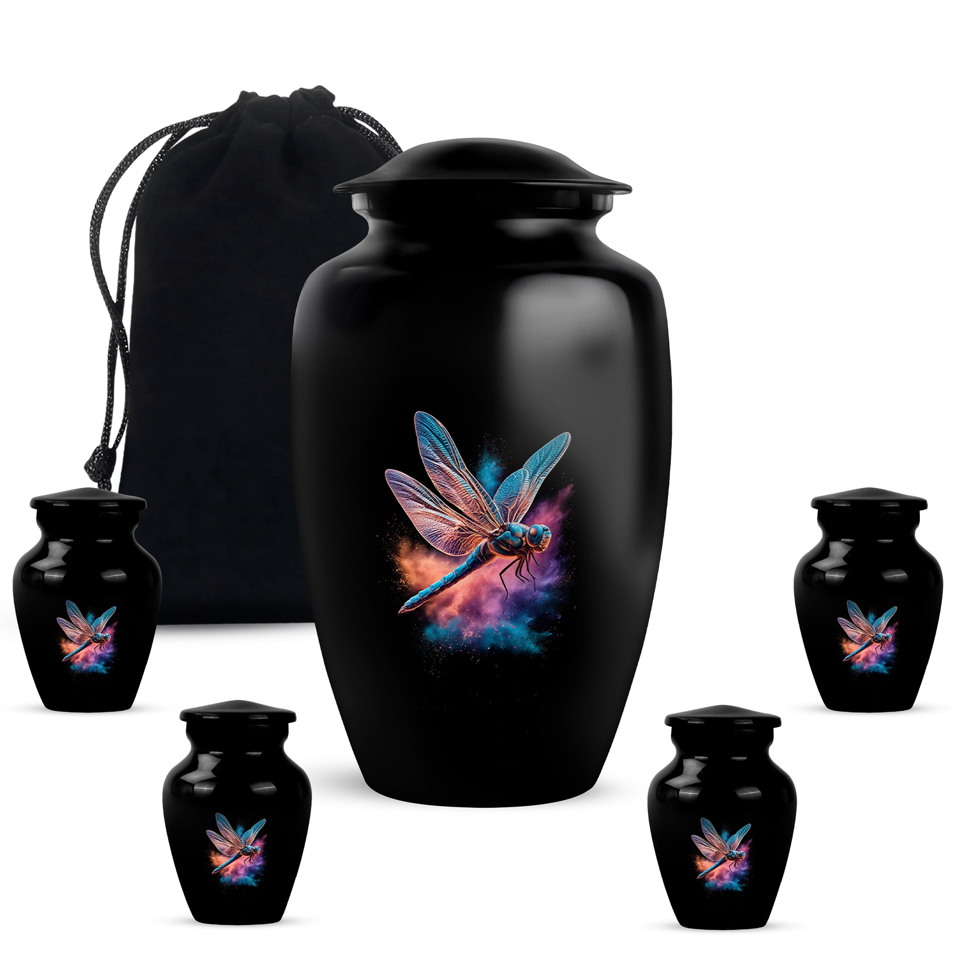Obsidian Black Dragonfly Cremation Urn top-down view of secure threaded lid - elegant classic dragonfly relief with fine detailing - memorial set with one large and four small urns