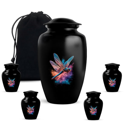 Obsidian Black Dragonfly Cremation Urn top-down view of secure threaded lid - elegant classic dragonfly relief with fine detailing - memorial set with one large and four small urns