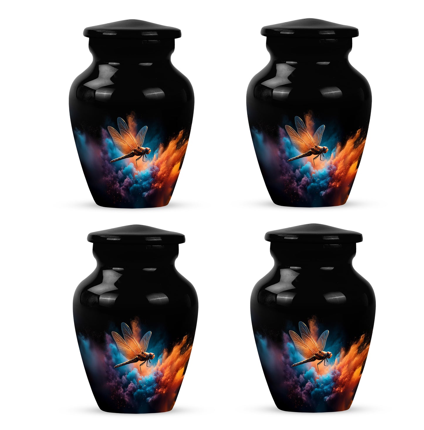 Glossy Black Dragonfly Cremation Urn side profile showing urn shape - classic sculpted dragonfly pattern on smooth aluminum - 10 inch aluminum urn for cremated remains