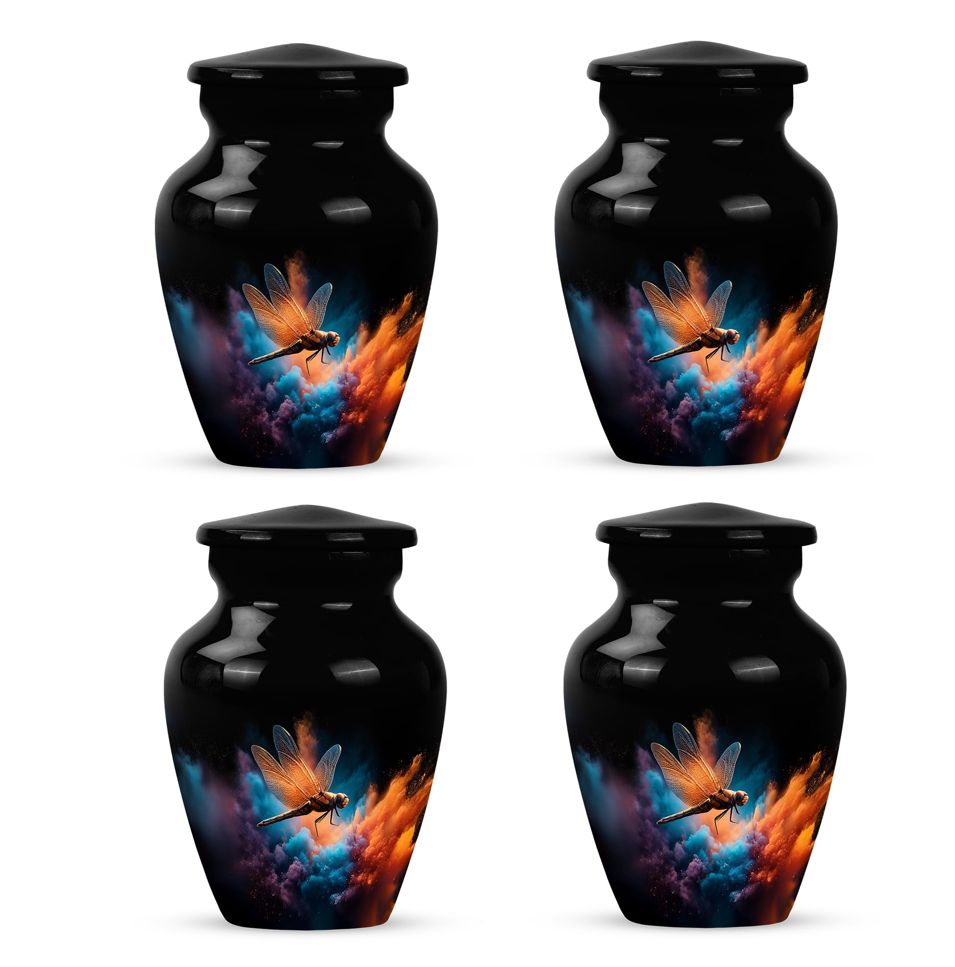 Glossy Black Dragonfly Cremation Urn side profile showing urn shape - classic sculpted dragonfly pattern on smooth aluminum - 10 inch aluminum urn for cremated remains