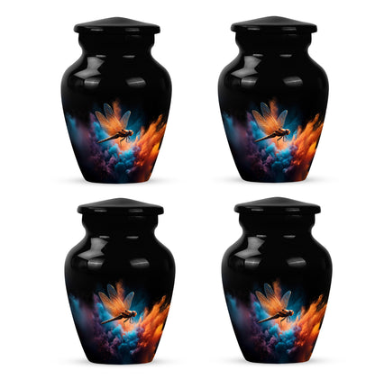 Glossy Black Dragonfly Cremation Urn side profile showing urn shape - classic sculpted dragonfly pattern on smooth aluminum - 10 inch aluminum urn for cremated remains