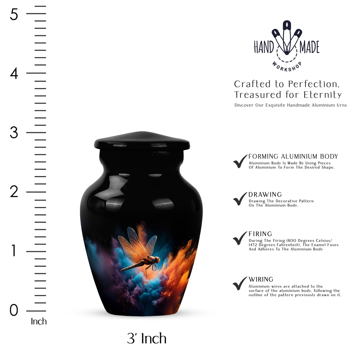 Jet Black Dragonfly Cremation Urn close-up of engraving and surface detail - timeless dragonfly motif etched into premium metal - mini keepsake memorial for portion of cremation ashes
