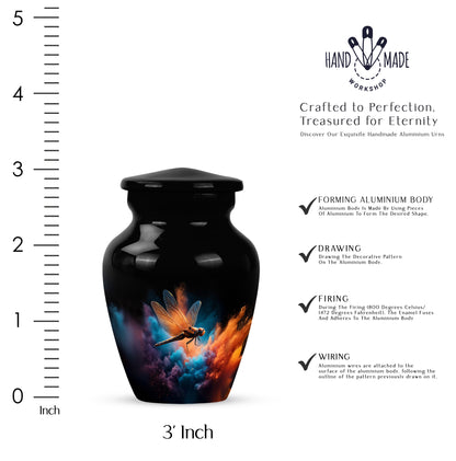 Jet Black Dragonfly Cremation Urn close-up of engraving and surface detail - timeless dragonfly motif etched into premium metal - mini keepsake memorial for portion of cremation ashes