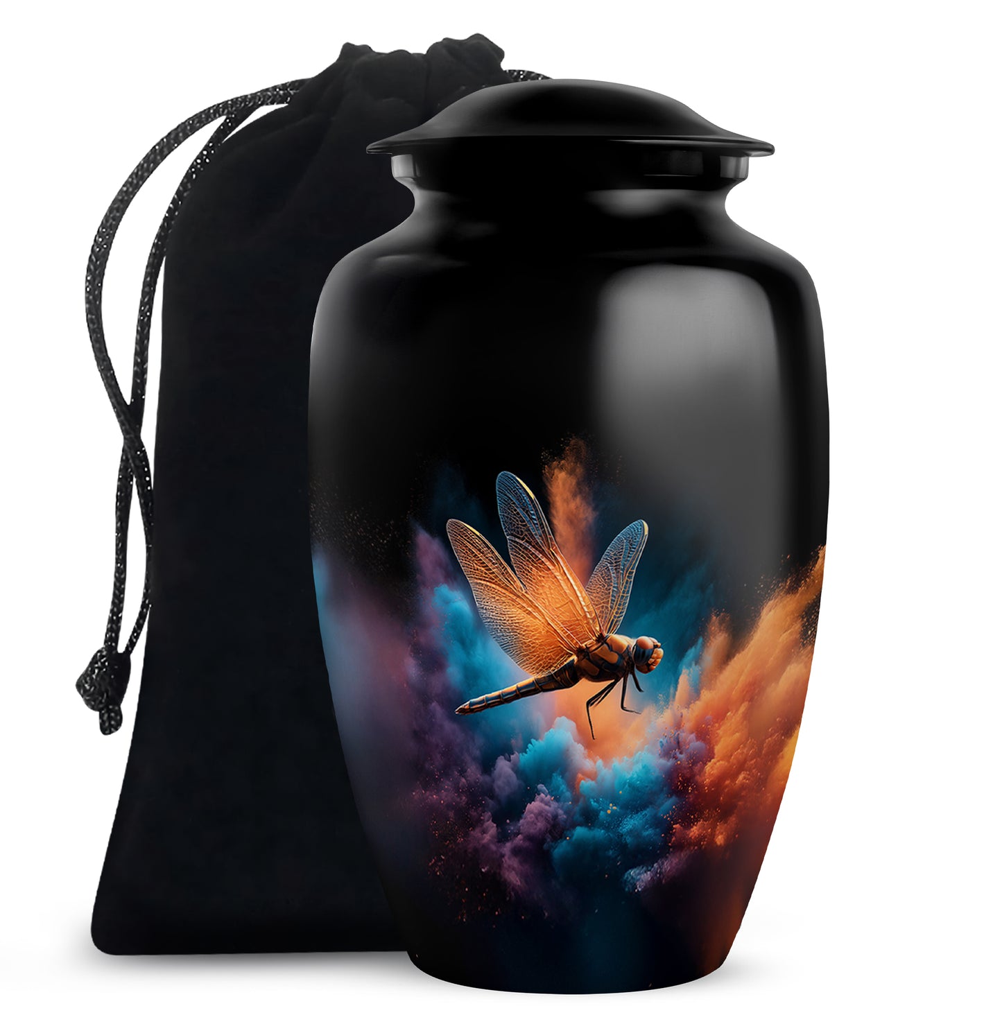 Obsidian Black Dragonfly Cremation Urn angled view of lid and engraved motif - elegant classic dragonfly relief with fine detailing - full-size 10 inch 200 cubic inch adult cremation urn