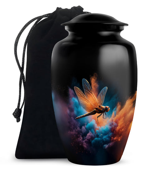 Obsidian Black Dragonfly Cremation Urn angled view of lid and engraved motif - elegant classic dragonfly relief with fine detailing - full-size 10 inch 200 cubic inch adult cremation urn