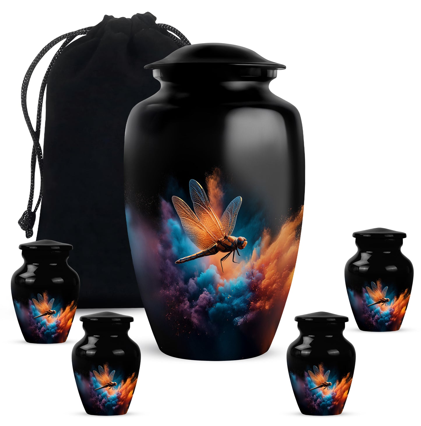 Midnight Black Dragonfly Cremation Urn top-down view of secure threaded lid - elegant classic dragonfly relief with fine detailing - memorial set with one large and four small urns