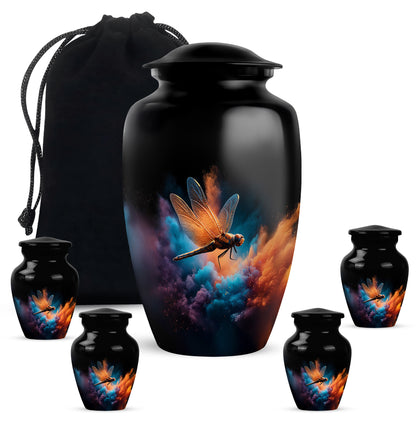 Midnight Black Dragonfly Cremation Urn top-down view of secure threaded lid - elegant classic dragonfly relief with fine detailing - memorial set with one large and four small urns