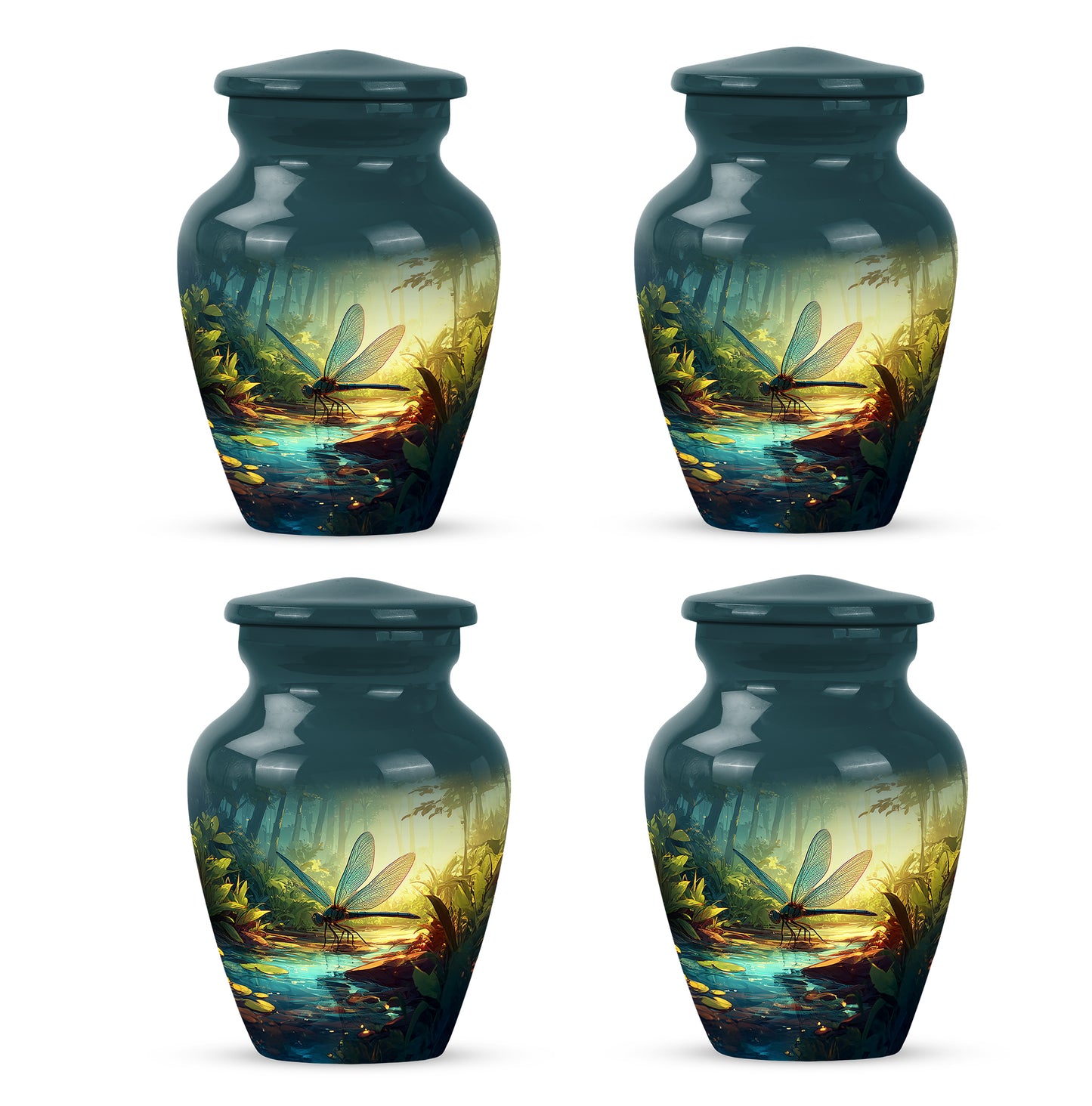 Vivid Teal Dragonfly Cremation Urn side profile showing urn shape - elegant classic dragonfly relief with fine detailing - 10 inch aluminum urn for cremated remains