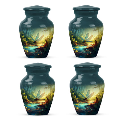 Vivid Teal Dragonfly Cremation Urn side profile showing urn shape - elegant classic dragonfly relief with fine detailing - 10 inch aluminum urn for cremated remains