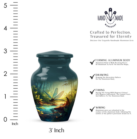Mystic Teal Dragonfly Cremation Urn close-up of engraving and surface detail - elegant classic dragonfly relief with fine detailing - mini keepsake memorial for portion of cremation ashes